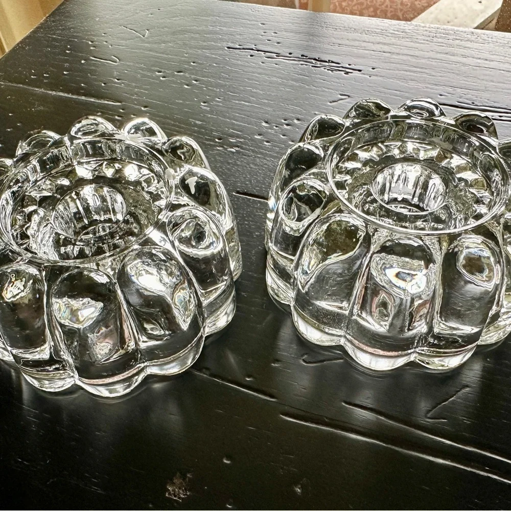 SET/2, CLEAR, LEAD CRYSTAL CANDLE HOLDERS. HEAVY, ROUND, SCALLOPED HOLDERS